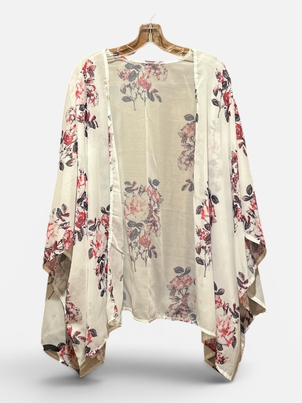 Floral Cream Kimono Cover-Up with Pink Rose Print